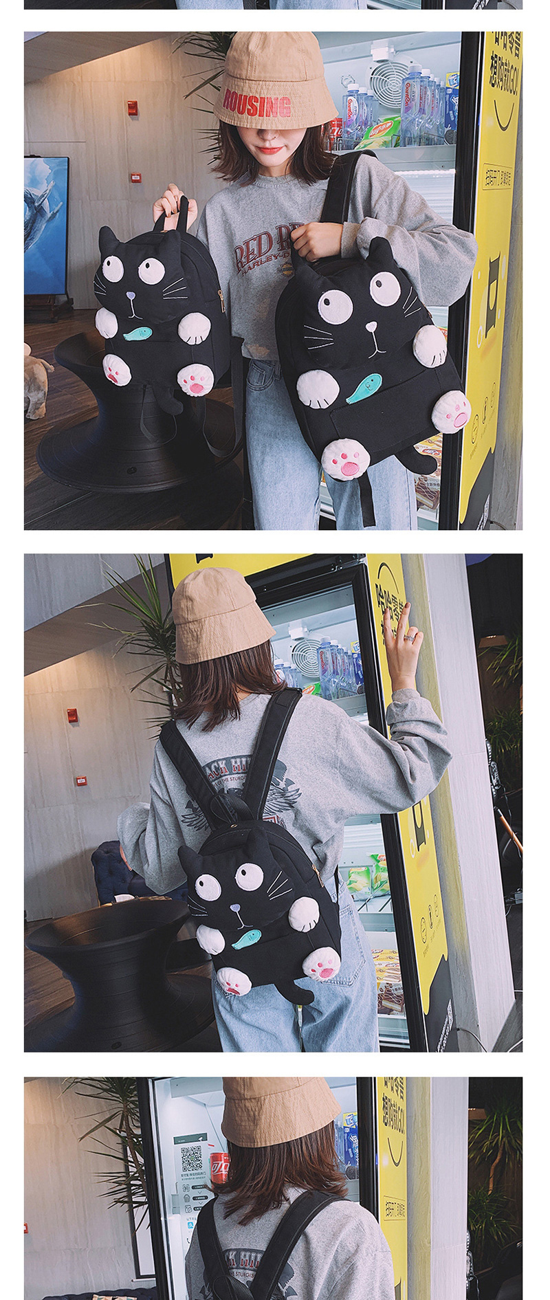 Fashion Large Black Cartoon Cat Eating Small Fish Canvas Shoulders Parent-child Package,Backpack