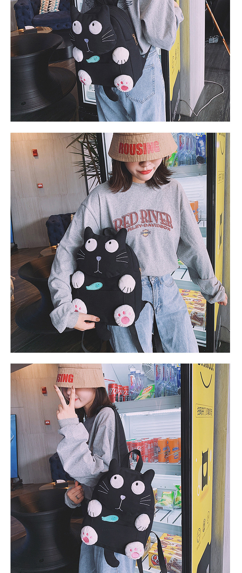 Fashion Small Black Cartoon Cat Eating Small Fish Canvas Shoulders Parent-child Package,Backpack