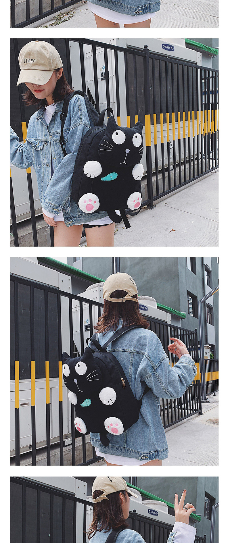 Fashion Small Black Cartoon Cat Eating Small Fish Canvas Shoulders Parent-child Package,Backpack