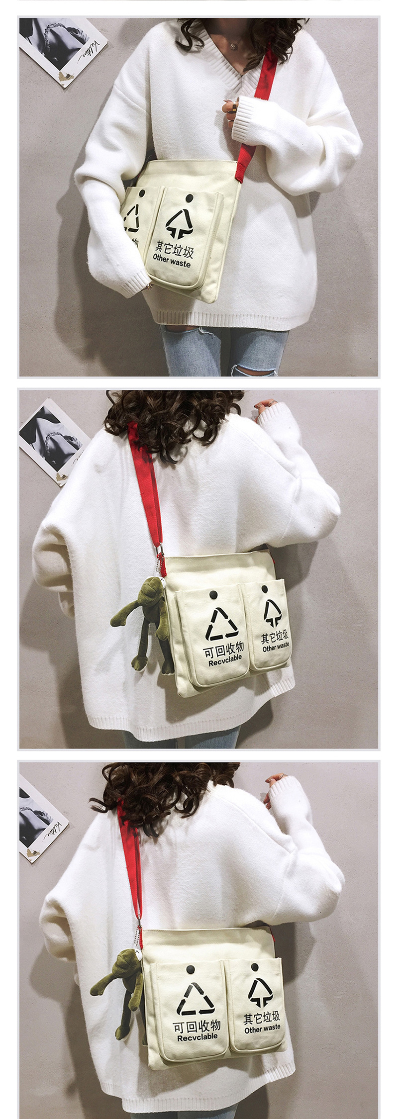 Fashion Black Belt Pendant Multi-pocket Canvas Portable Messenger Bag,Handbags