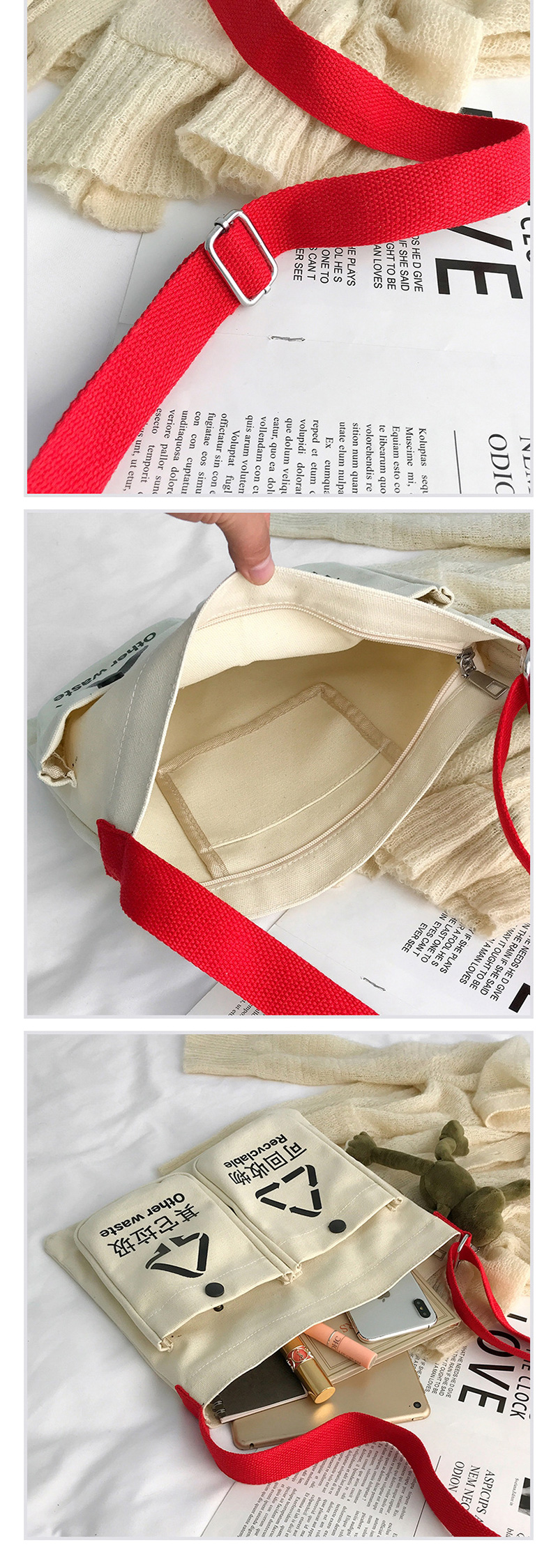 Fashion Black Belt Pendant Multi-pocket Canvas Portable Messenger Bag,Handbags