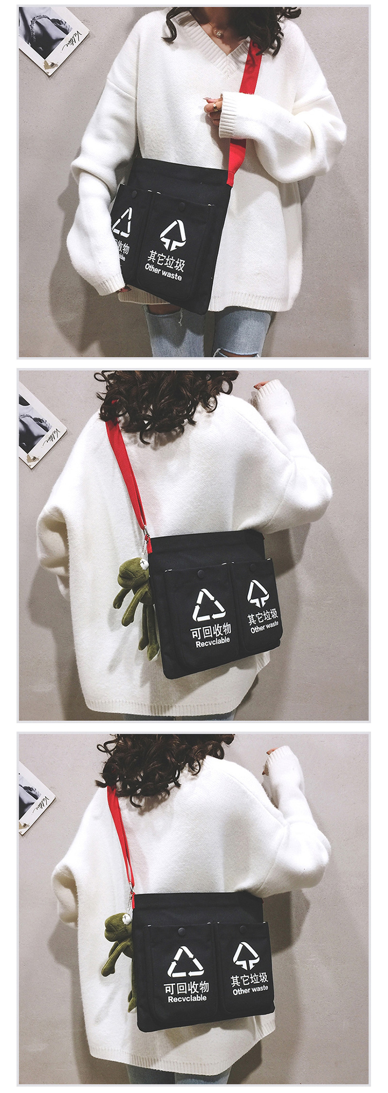Fashion Beige With Pendant Multi-pocket Canvas Portable Messenger Bag,Handbags