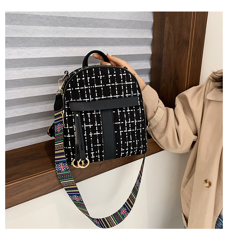 Fashion Black Woolen Plaid Shoulder Bag,Backpack
