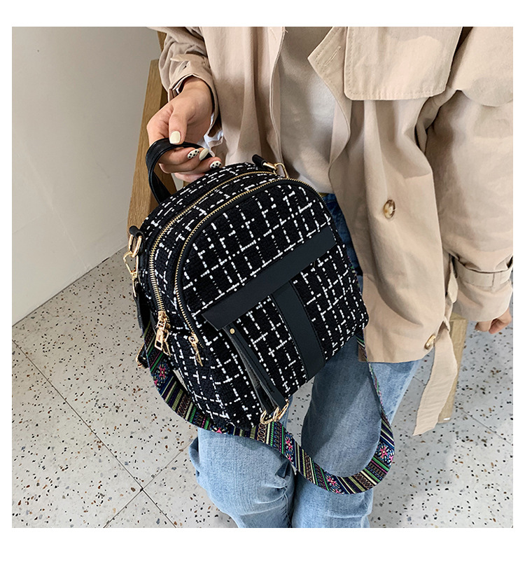 Fashion Black Woolen Plaid Shoulder Bag,Backpack