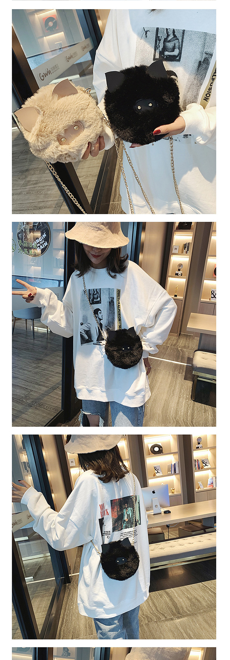 Fashion Gray Cartoon Chain Cat Plush Clip Shoulder Bag Messenger Bag,Shoulder bags