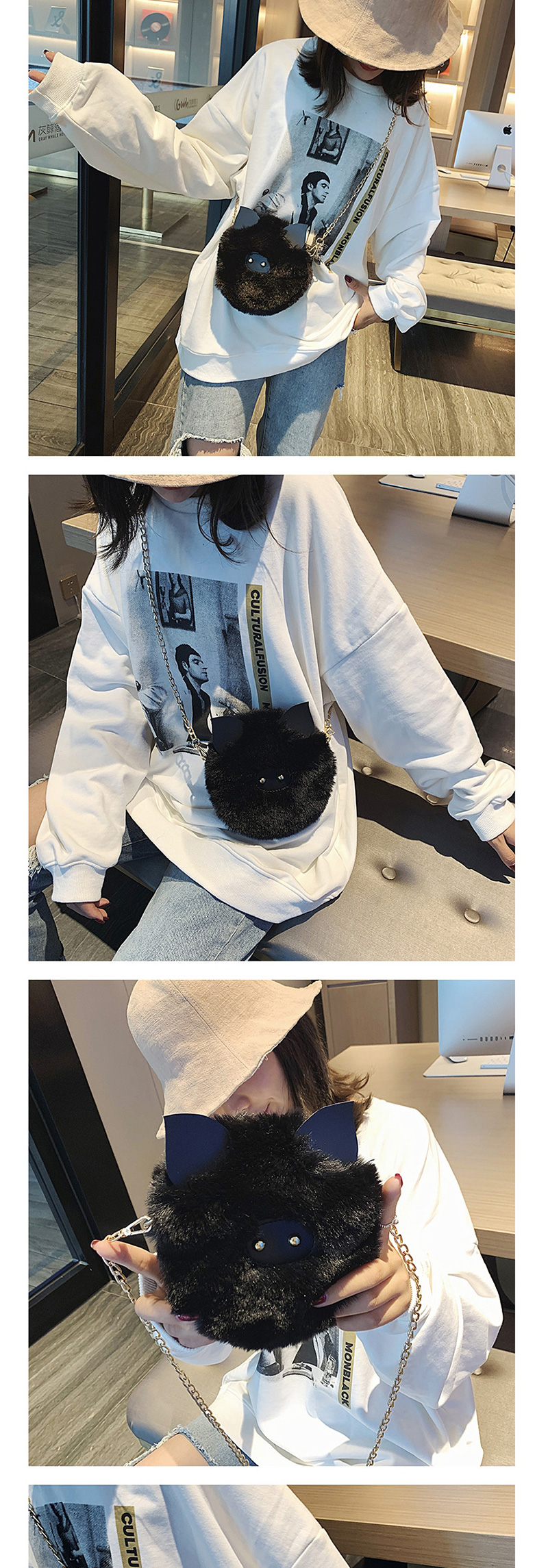 Fashion Black Cartoon Chain Cat Plush Clip Shoulder Bag Messenger Bag,Shoulder bags