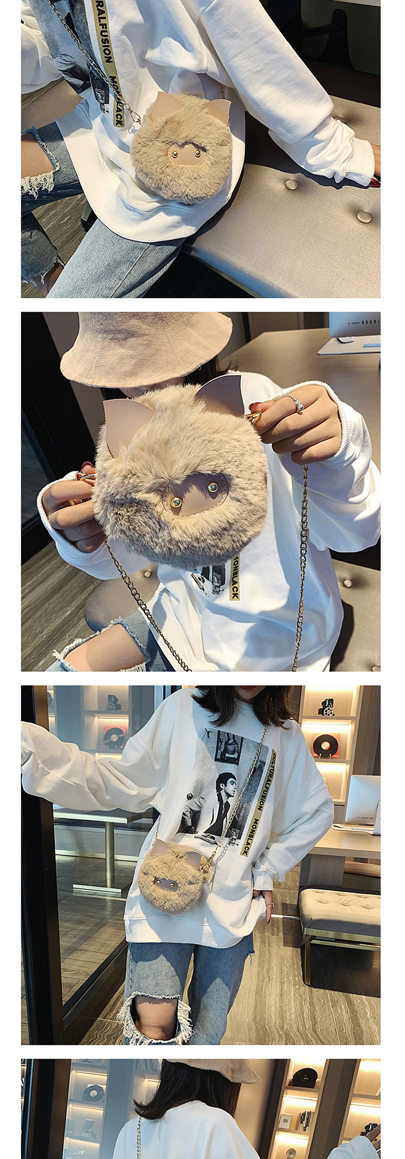Fashion Khaki Cartoon Chain Cat Plush Clip Shoulder Bag Messenger Bag,Shoulder bags