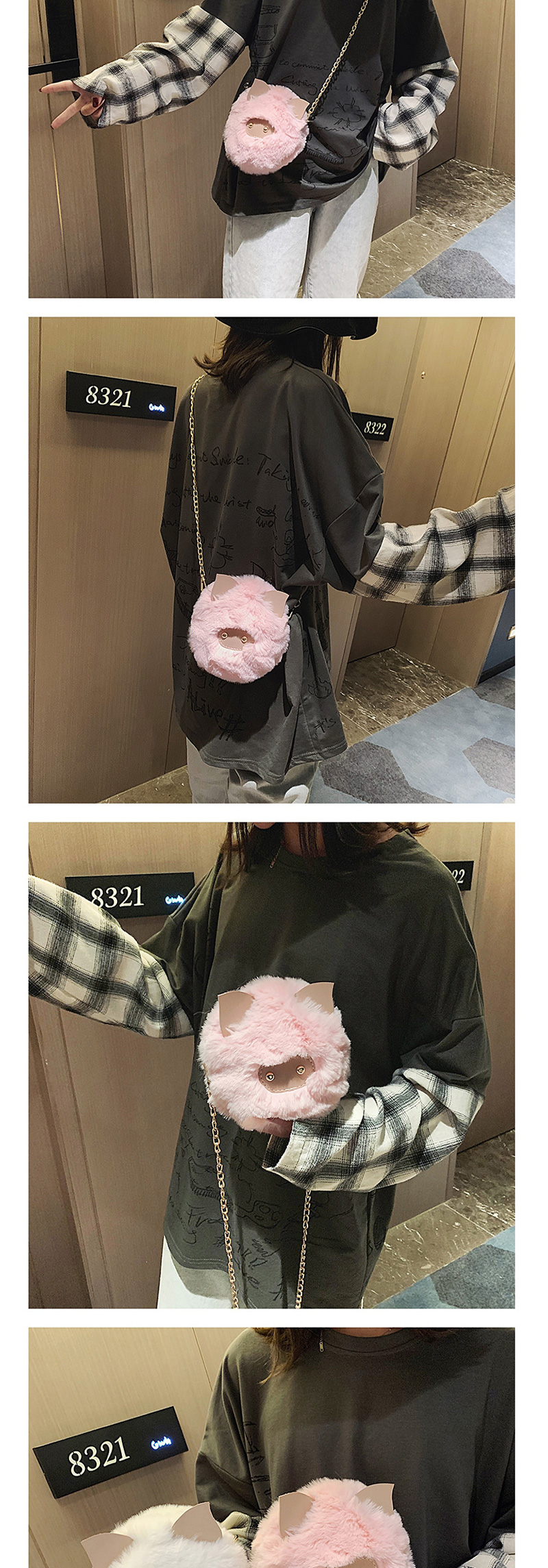 Fashion Pink Cartoon Chain Cat Plush Clip Shoulder Bag Messenger Bag,Shoulder bags