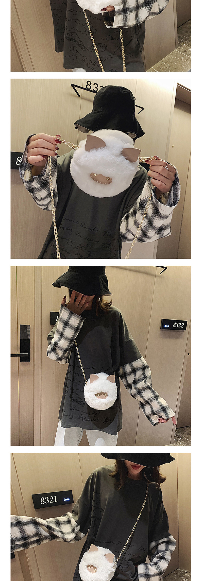 Fashion Gray Cartoon Chain Cat Plush Clip Shoulder Bag Messenger Bag,Shoulder bags