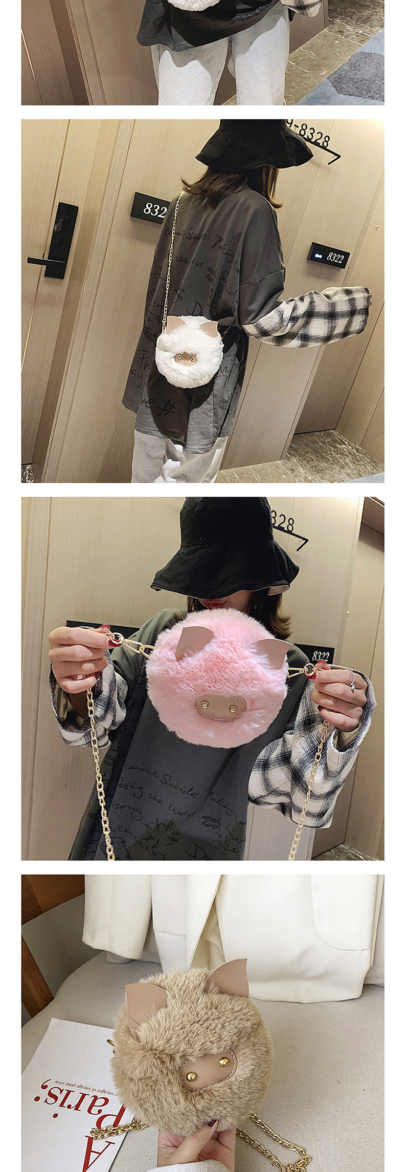 Fashion Pink Cartoon Chain Cat Plush Clip Shoulder Bag Messenger Bag,Shoulder bags