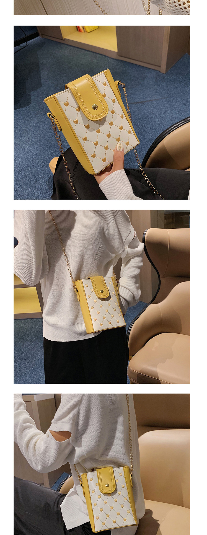 Fashion Yellow Chain Rhombic Heart Slung Shoulder Bag,Shoulder bags