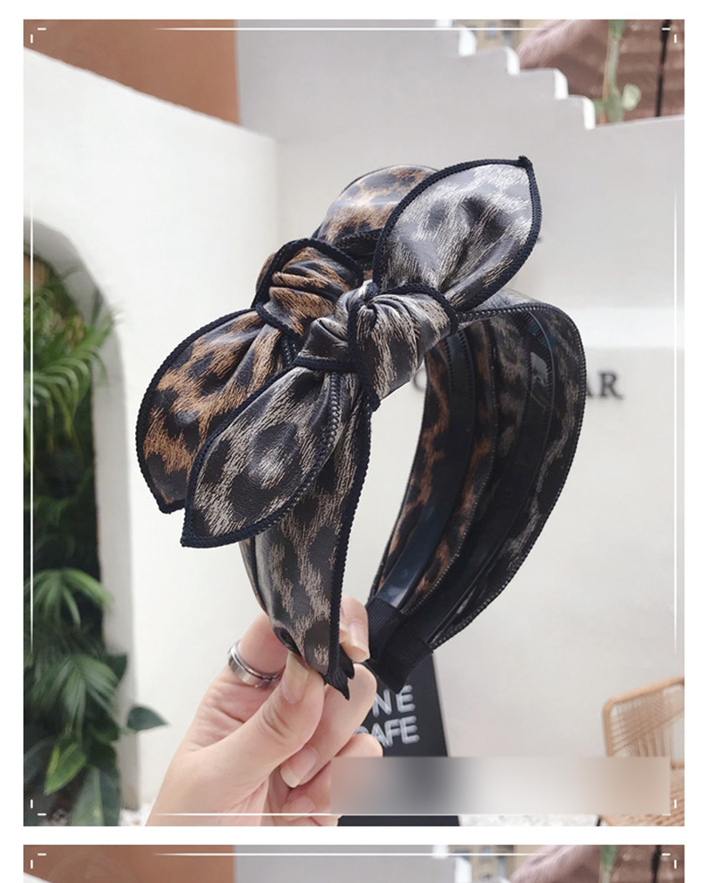 Fashion Leopard Rice Pu Imitation Leather Bow Rabbit Ears Wide Side Belt Headband,Head Band