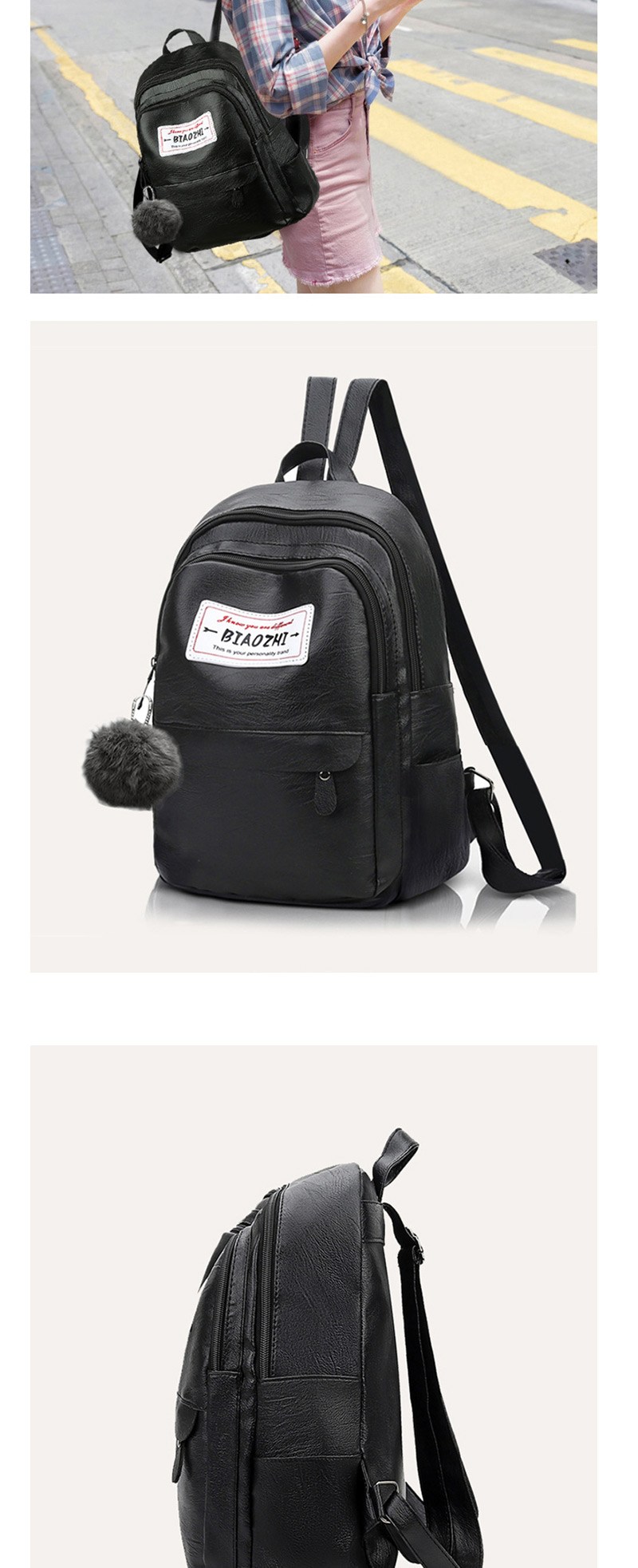Fashion Black Hair Ball Labeled Backpack,Backpack