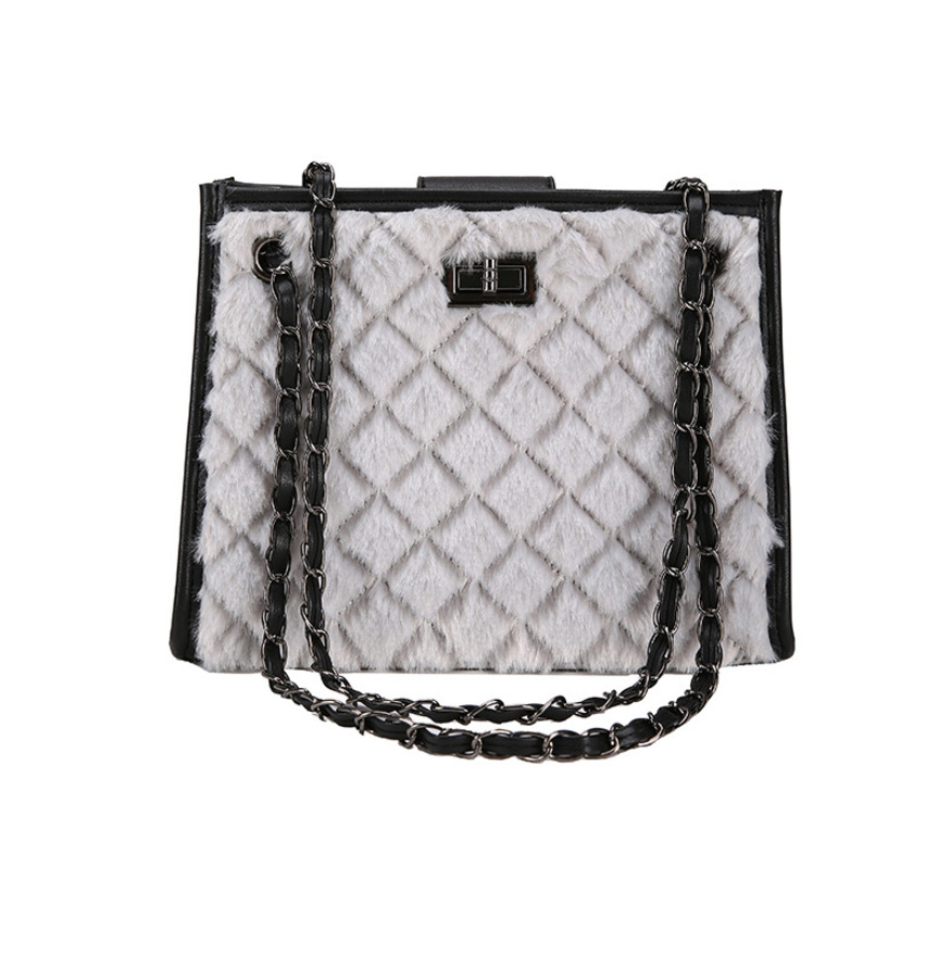 Fashion White Plush Lock Chain Single Back Messenger Bag,Shoulder bags