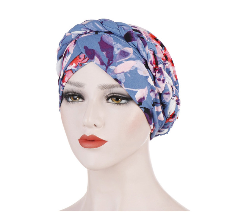 Fashion Lake Blue Printed Brushed Milk Silk Muslim Headscarf Cap,Beanies&Others