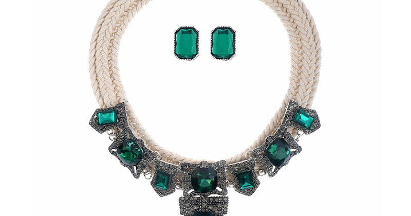 Fashion White Woven Twist Alloy Pierced Diamond Necklace Earrings Set,Jewelry Sets