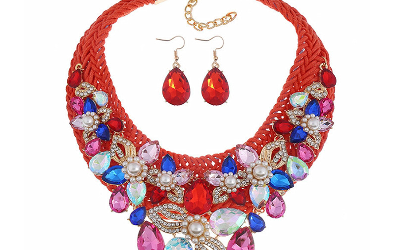 Fashion Red Pearl-studded Woven Flower Necklace Earrings Set,Jewelry Sets