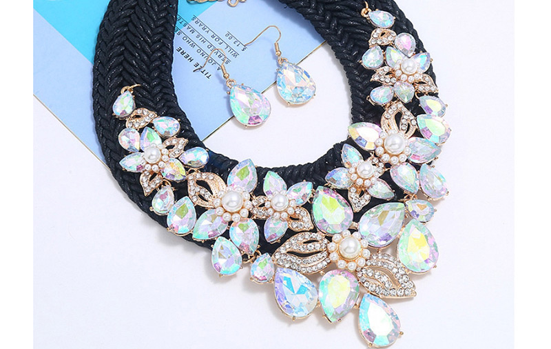 Fashion White Pearl-studded Woven Flower Necklace Earrings Set,Jewelry Sets
