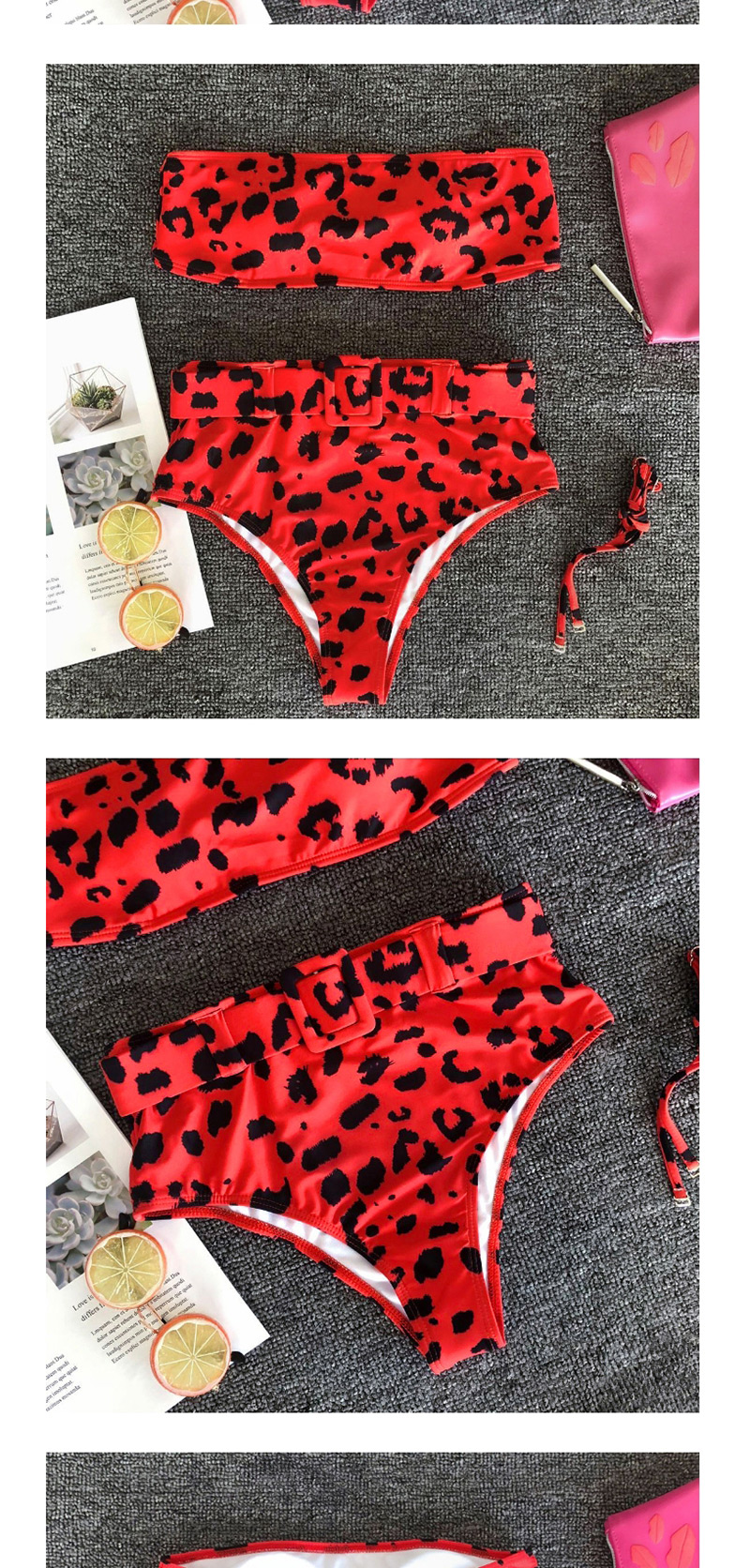 Fashion Red Leopard Metal Buckle Belt High Waist Bikini,Bikini Sets
