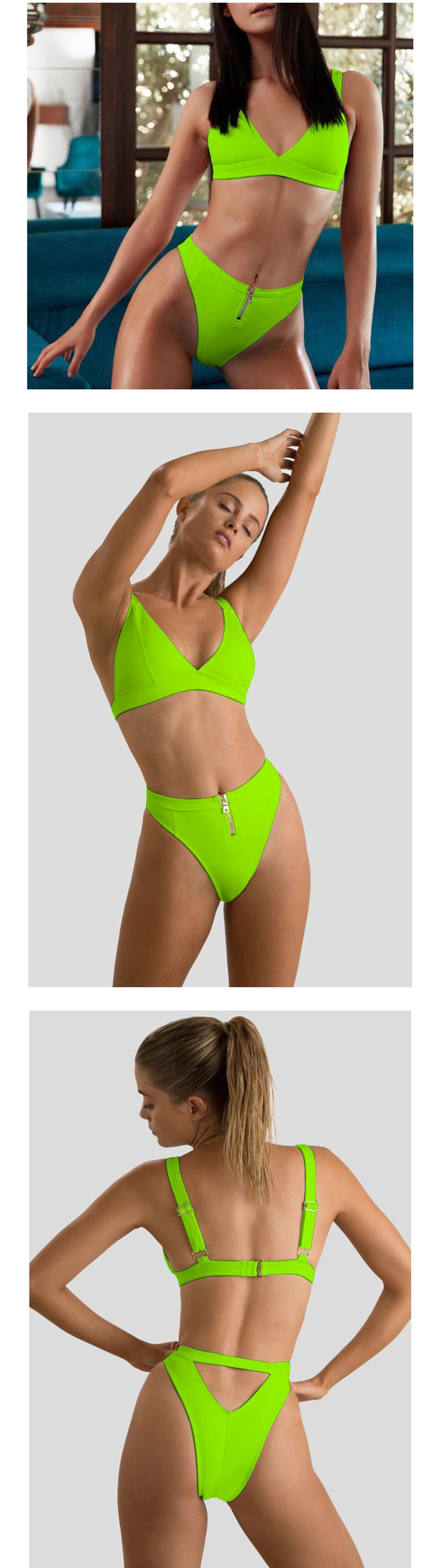 Fashion Fluorescent Green Hollow Zipper Split Swimsuit,Bikini Sets