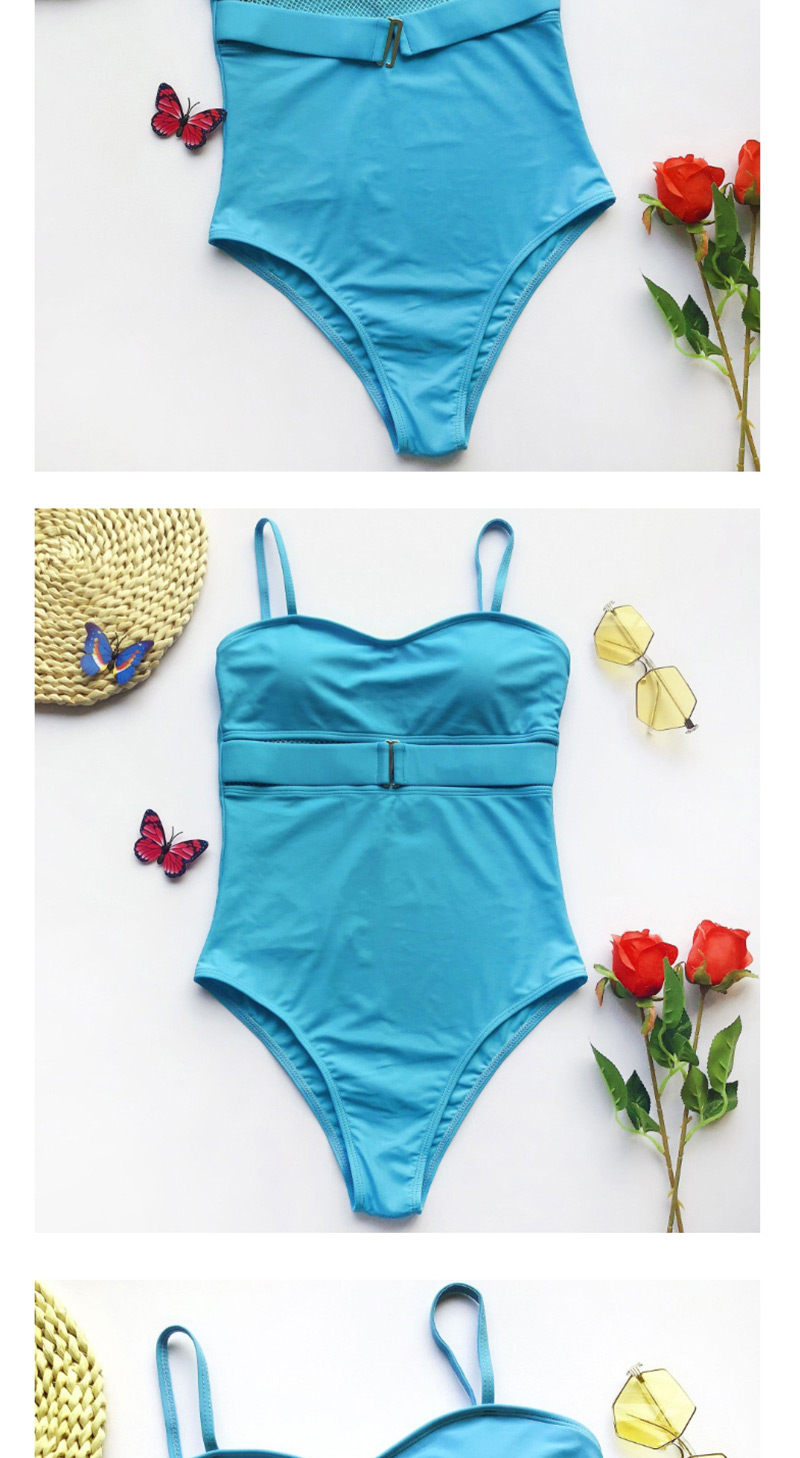 Fashion Blue Mesh Metal Buckle One-piece Swimsuit,One Pieces