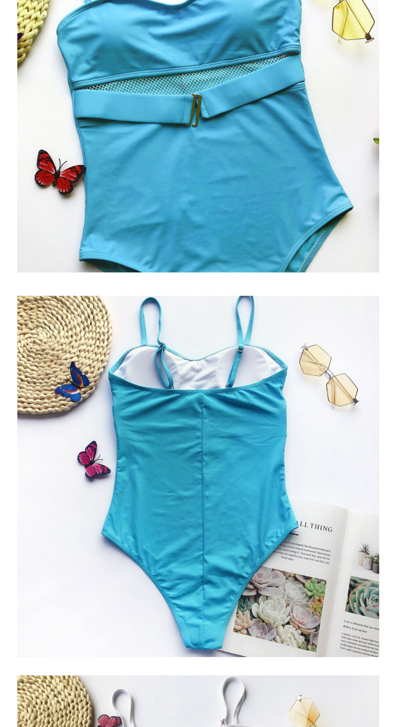 Fashion Blue Mesh Metal Buckle One-piece Swimsuit,One Pieces