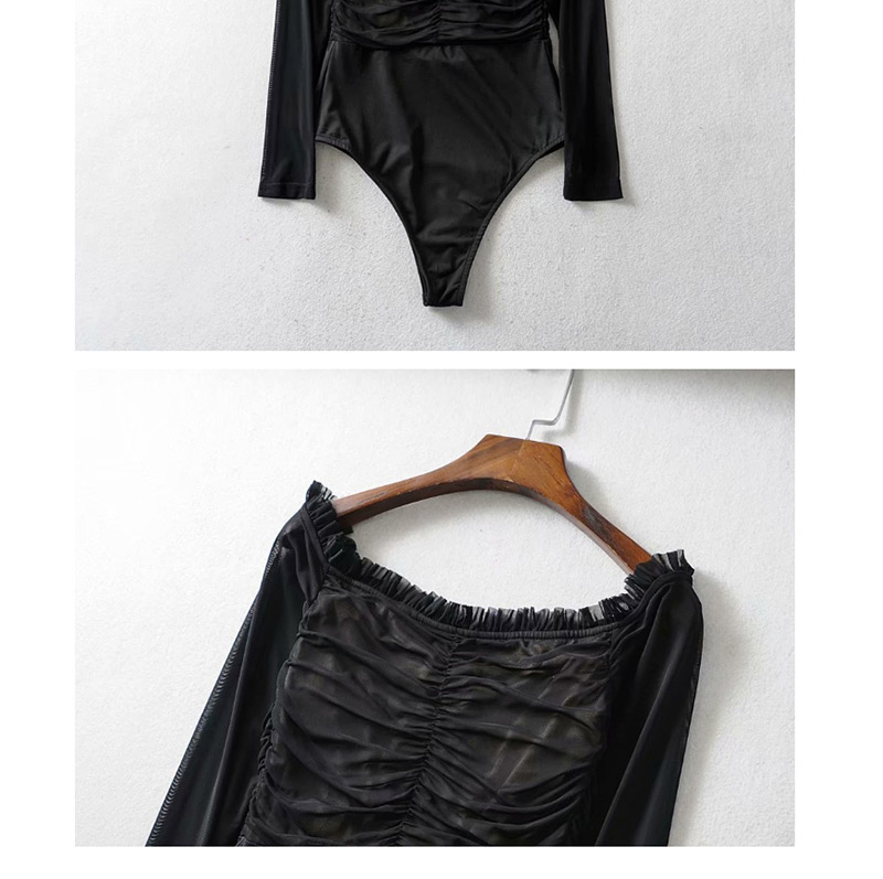 Fashion Black Mesh Face Folds One Shoulder Drawstring Jumpsuit,SLEEPWEAR & UNDERWEAR