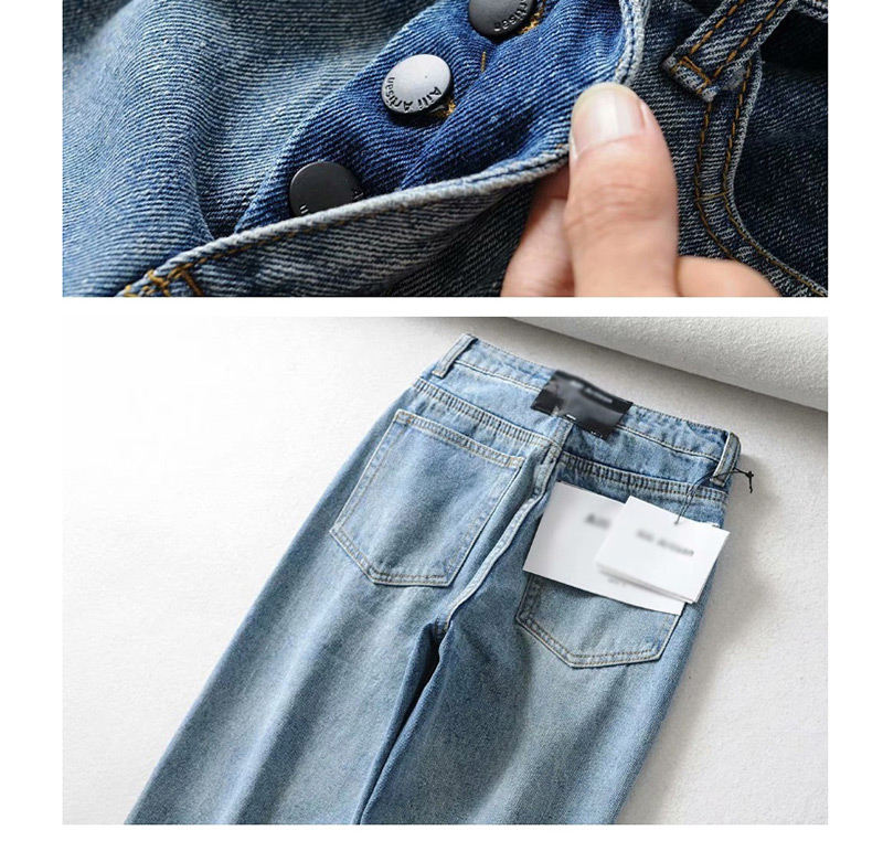 Fashion Blue Waist-washed Jeans Straight Pants,Denim