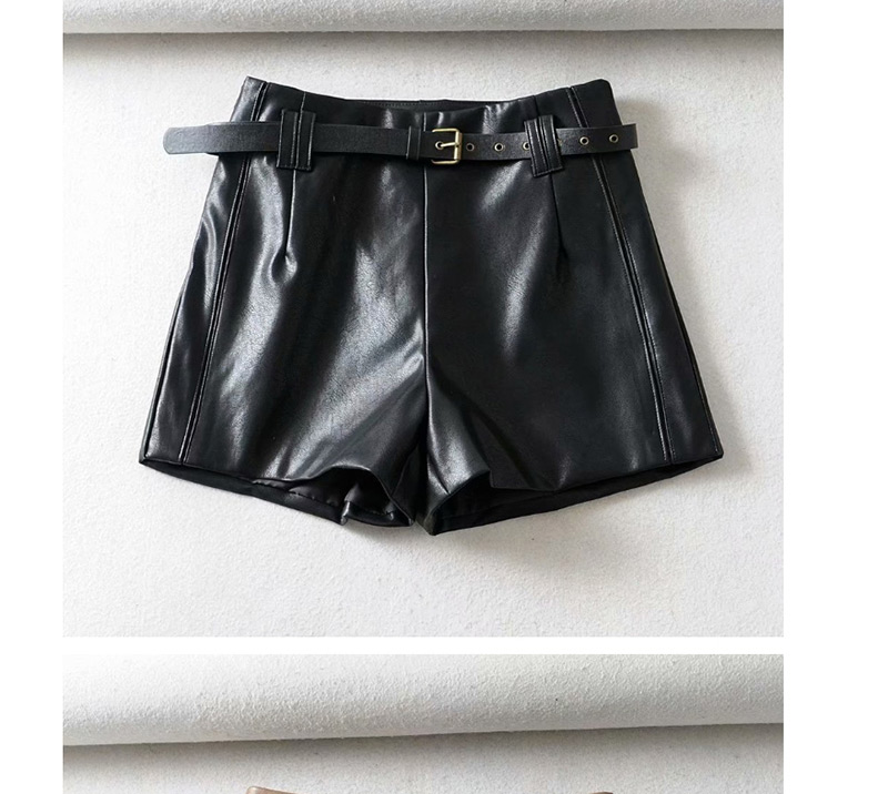 Fashion Black Belted A Word Leather Shorts,Shorts
