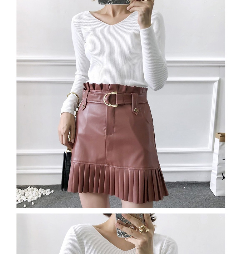 Fashion Brown Small Pleated Faux Leather Skirt,Skirts