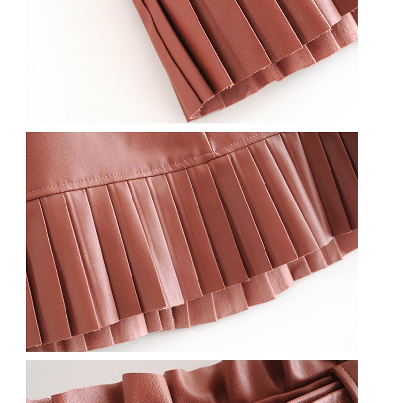 Fashion Brown Small Pleated Faux Leather Skirt,Skirts