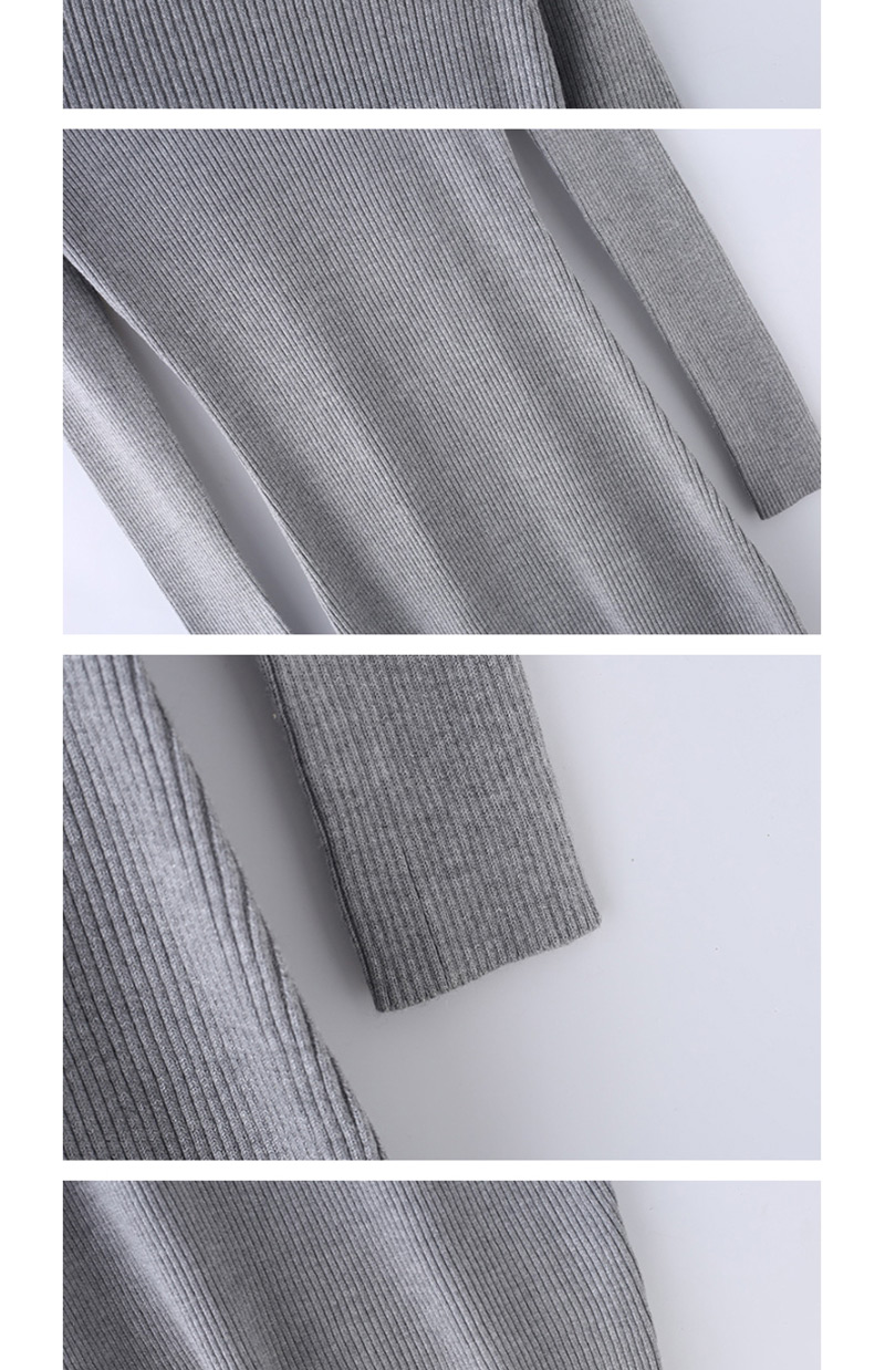 Fashion Gray Threaded Collar Knit Dress,Long Dress