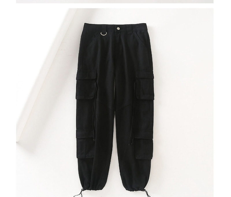 Fashion Black Multi-pocket Float Rope Drawstrings,Pants