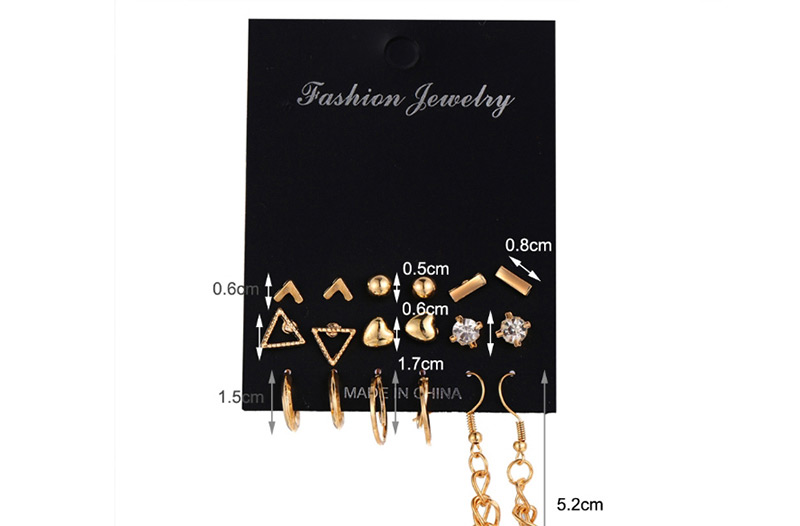 Fashion Gold Geometric Heart-shaped Inlaid Rhinestone Earrings 9 Pairs,Stud Earrings