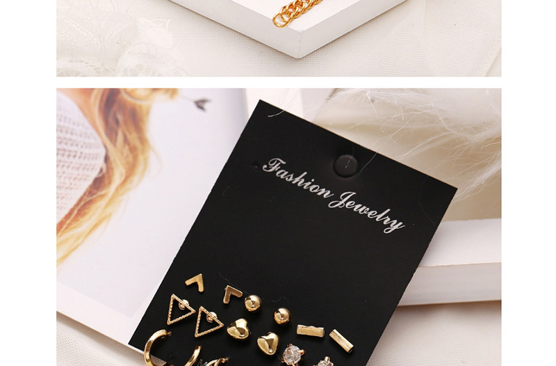 Fashion Gold Geometric Heart-shaped Inlaid Rhinestone Earrings 9 Pairs,Stud Earrings