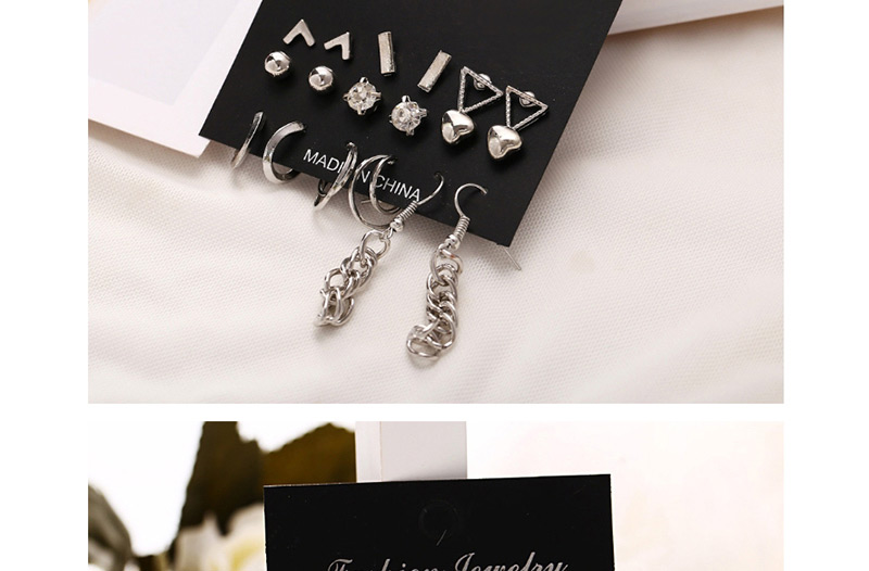 Fashion Silver Geometric Heart-shaped Inlaid Rhinestone Earrings 9 Pairs,Stud Earrings