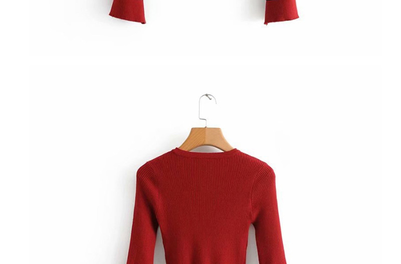 Fashion Jujube Contrast Striped Trumpet Sleeve Ruffled Sweater,Sweater