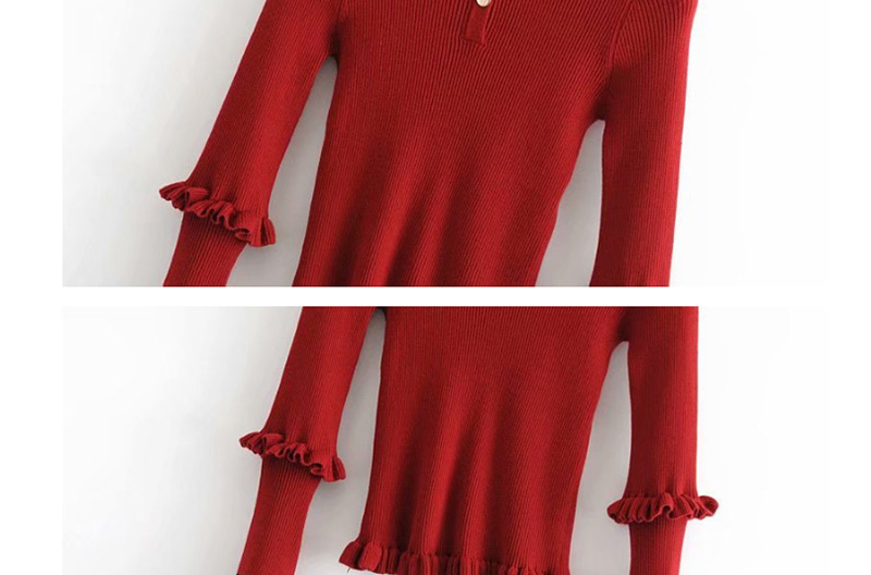 Fashion Jujube Contrast Striped Trumpet Sleeve Ruffled Sweater,Sweater