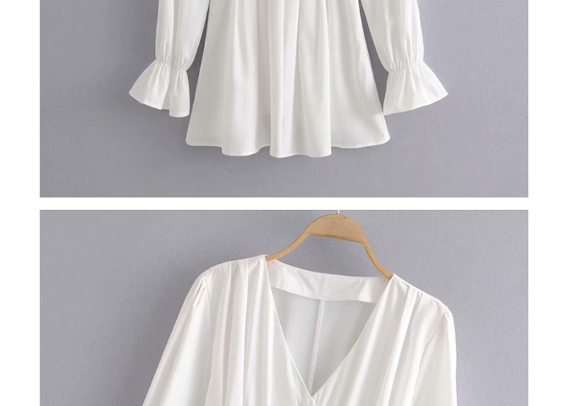 Fashion White Flare Sleeve Pleated V-neck Shirt Dress,Coat-Jacket