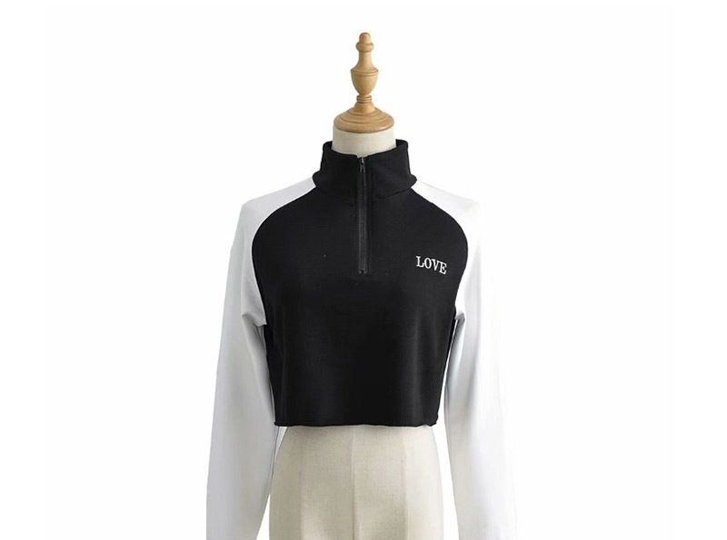 Fashion Black + White Splicing Zipper Pullover Sweater,Hair Crown