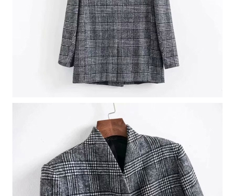 Fashion Gray Plaid Stand-up Faux Fur Contrast Color Patch Pocket Coat,Coat-Jacket