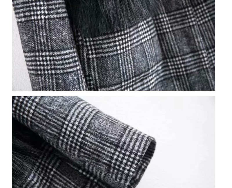 Fashion Gray Plaid Stand-up Faux Fur Contrast Color Patch Pocket Coat,Coat-Jacket