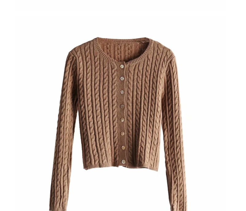Fashion Khaki Threaded Buttoned Round Neck Cardigan Sweater,Sweater
