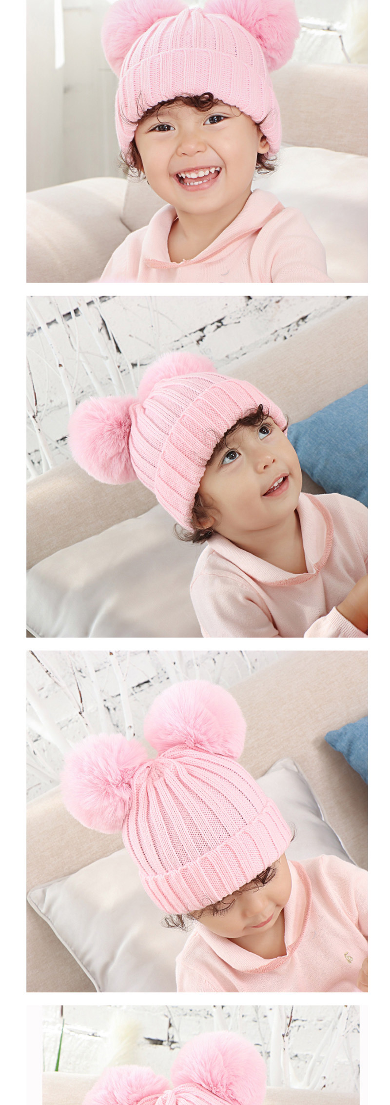 Fashion Pink Threaded Double-hair Ball Knitted Baby Hat,Children