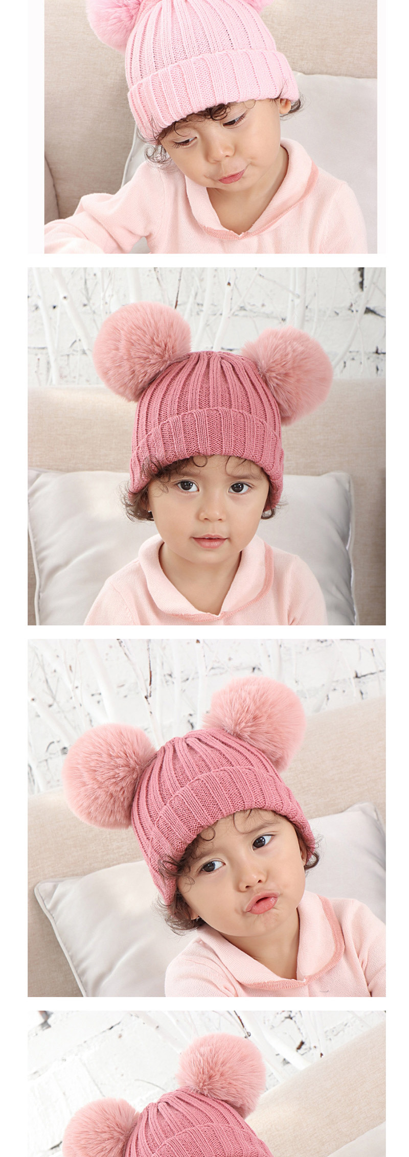 Fashion Leather Powder Threaded Double-hair Ball Knitted Baby Hat,Children