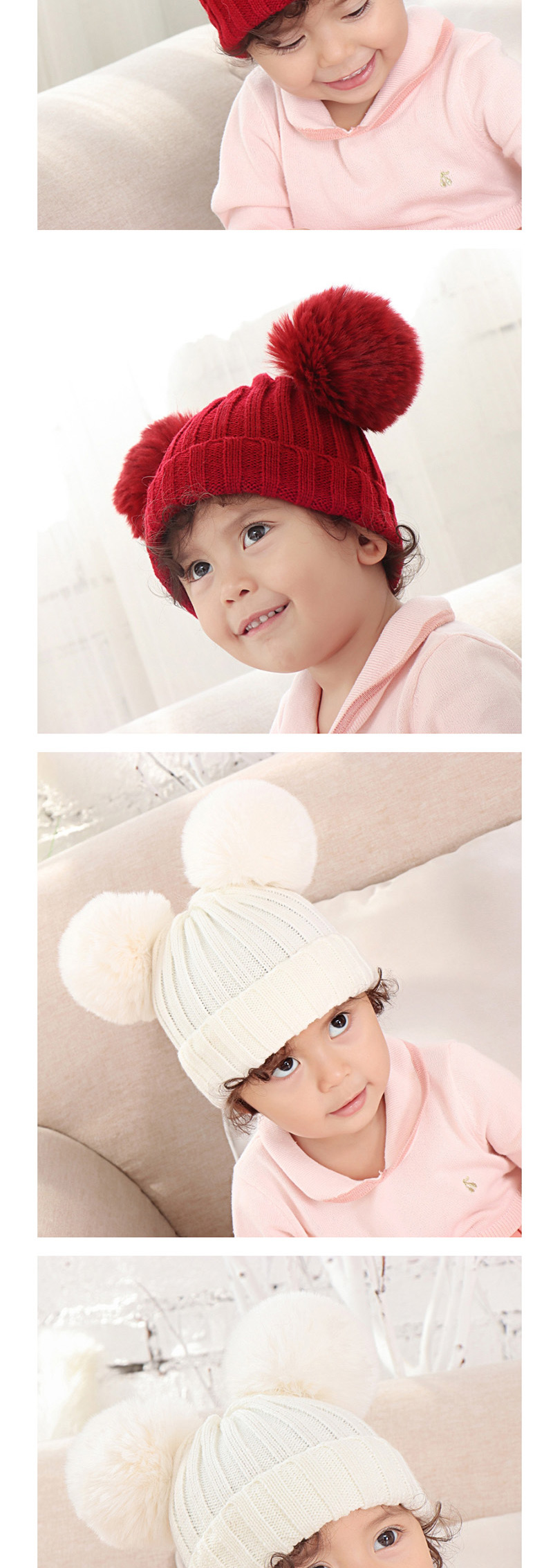 Fashion Leather Powder Threaded Double-hair Ball Knitted Baby Hat,Children