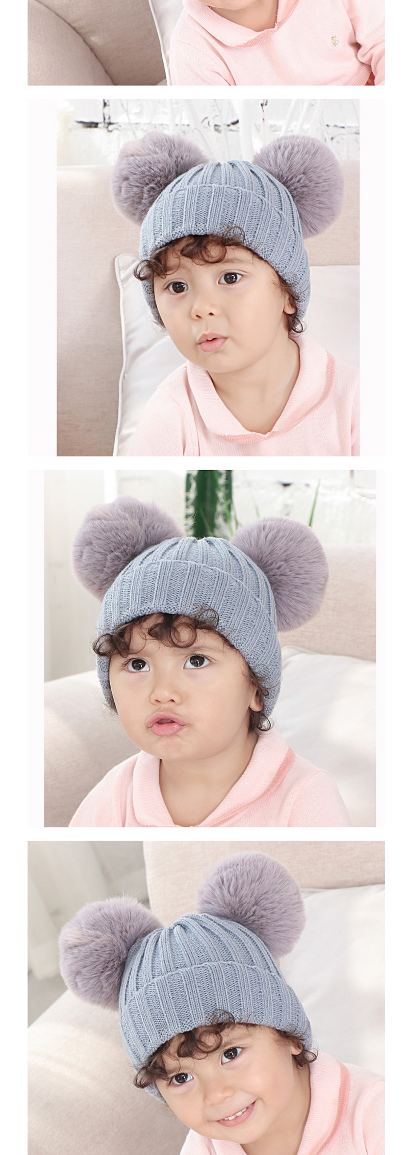 Fashion Gray Threaded Double-hair Ball Knitted Baby Hat,Children