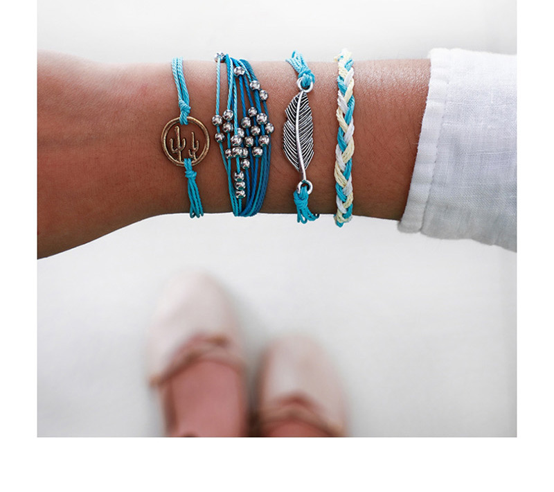 Fashion Blue Woven Twist Beaded Leaf Line Rope Round Cactus Bracelet 4 Piece Set,Fashion Bracelets