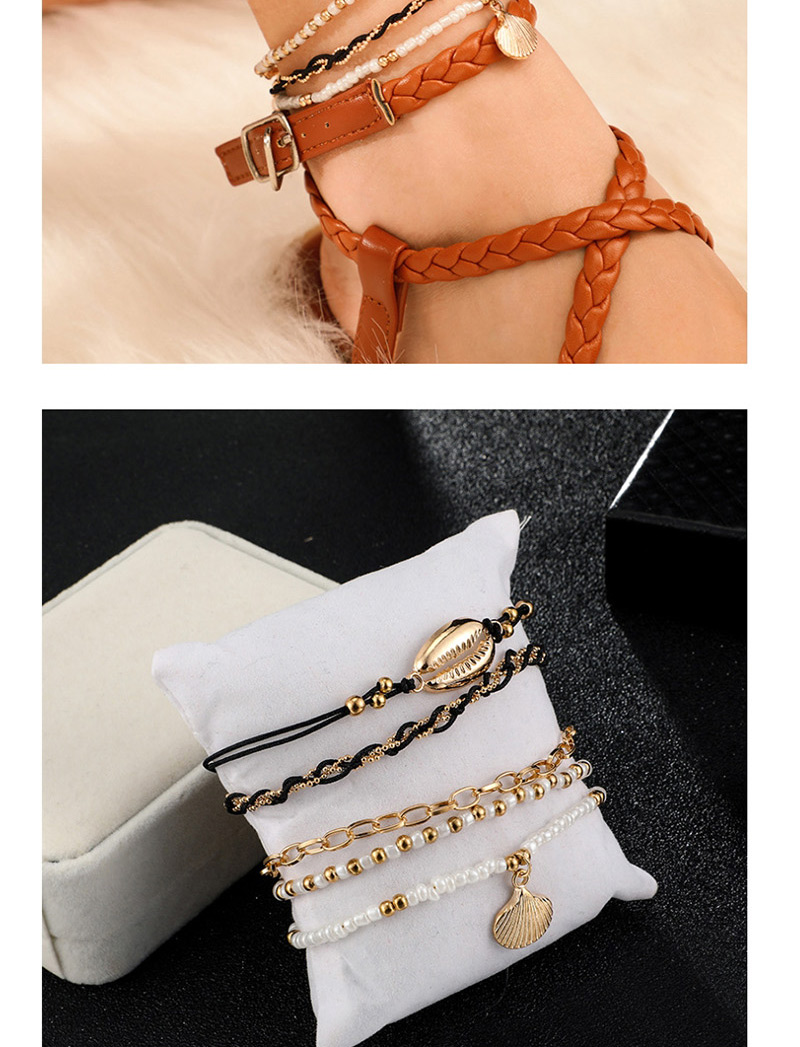 Fashion Gold Rice Beads Shell Multi-layer Chain Scallop Anklet 5 Piece Set,Fashion Anklets