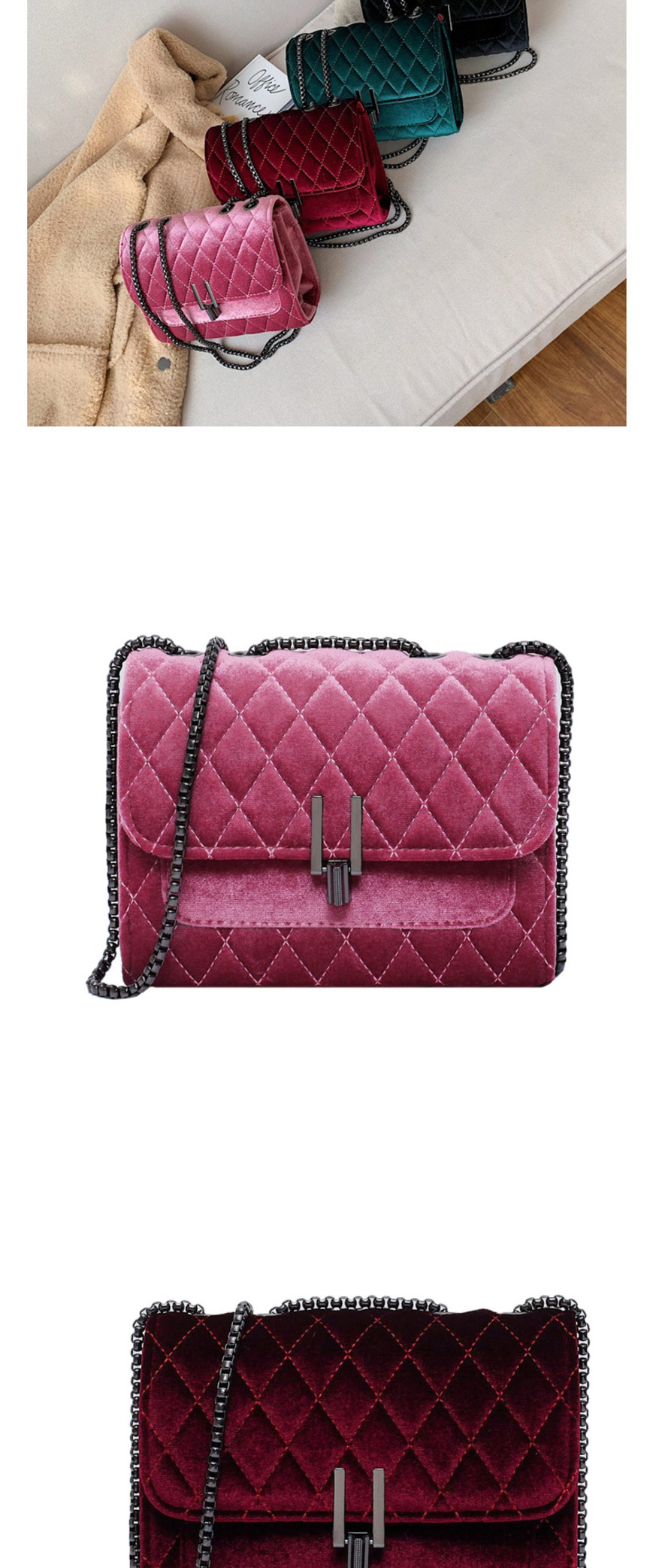 Fashion Pink Chain Rhombic Shoulder Messenger Bag,Shoulder bags